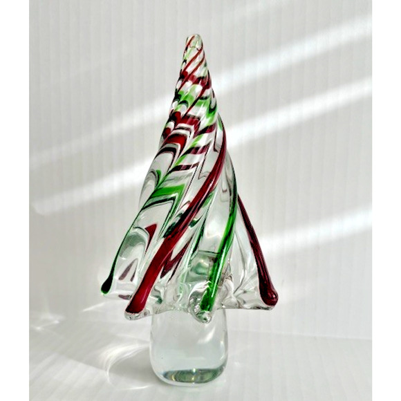 Blown Art Glass Christmas Tree ~ Clear Red & Green Swirl Twisted ~ 8” New - Picture 1 of 14